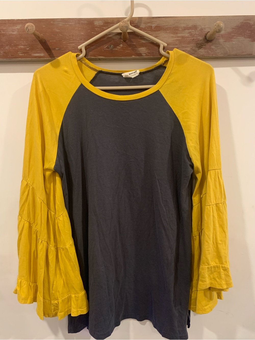 Three Bird Nest Charcoal Body with Mustard Yellow Ruffle Raglan Sleeves Top